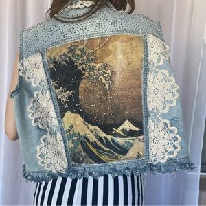 Denim Upcycled Jacket Vest Japanese wave SzXL Blue Trimmed with cotton lace